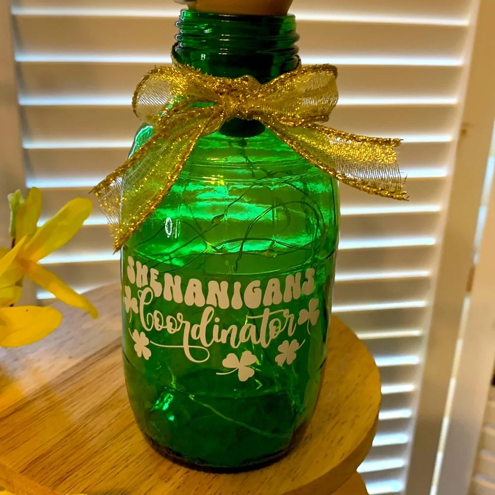 Hand Crafted- ‘Shenanigans Coordinator’ green barrel solar lantern
